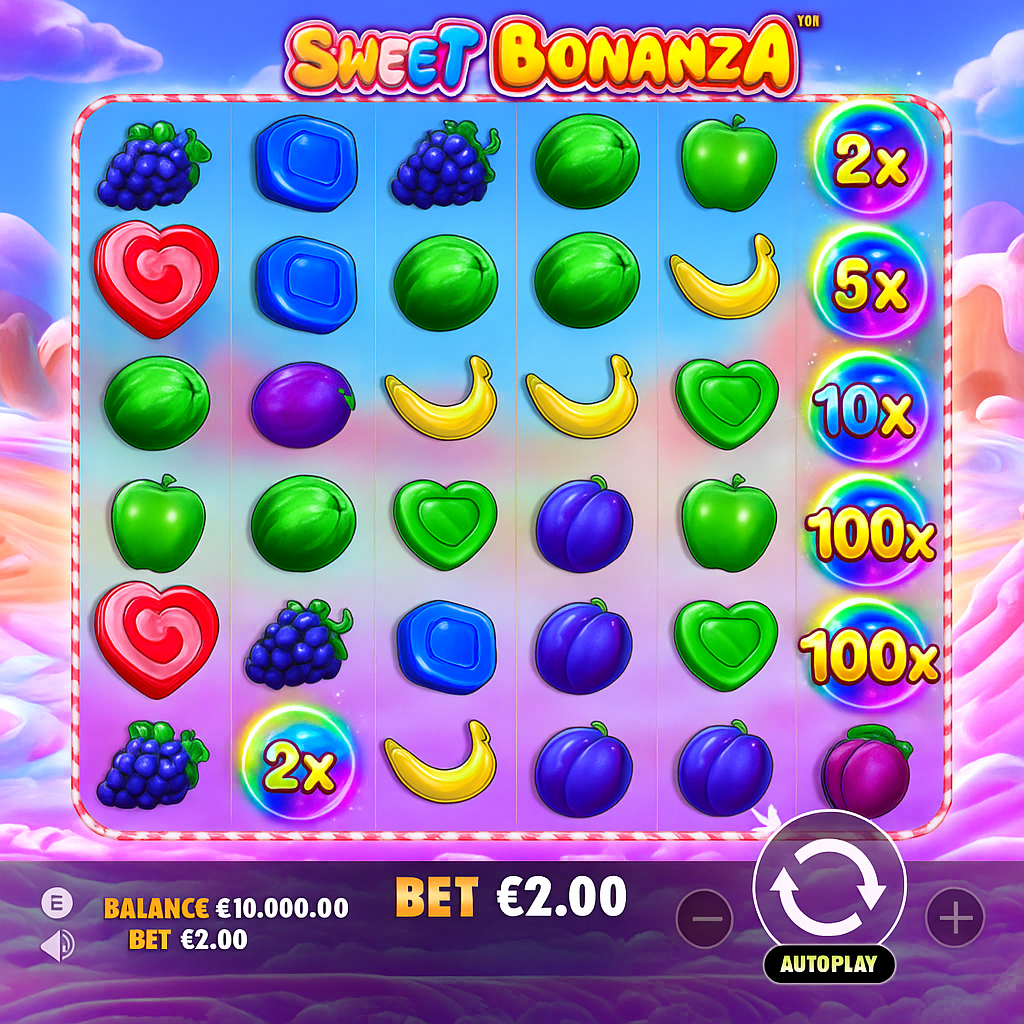 Interface du jeu Sweet Bonanza, un slot populaire souvent éligible aux bonus